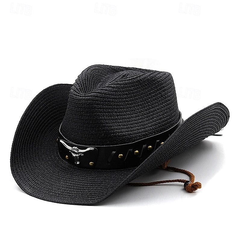 Men's Straw Hat Sun Hat Cowboy Hat Fedora Trilby Hat Black White Straw Rope Vintage Style Fashion 18th Century State of Texas Daily Theme Party Solid / Plain Color Sunscreen Cosplay 2025 - GBP £18.9 –P3