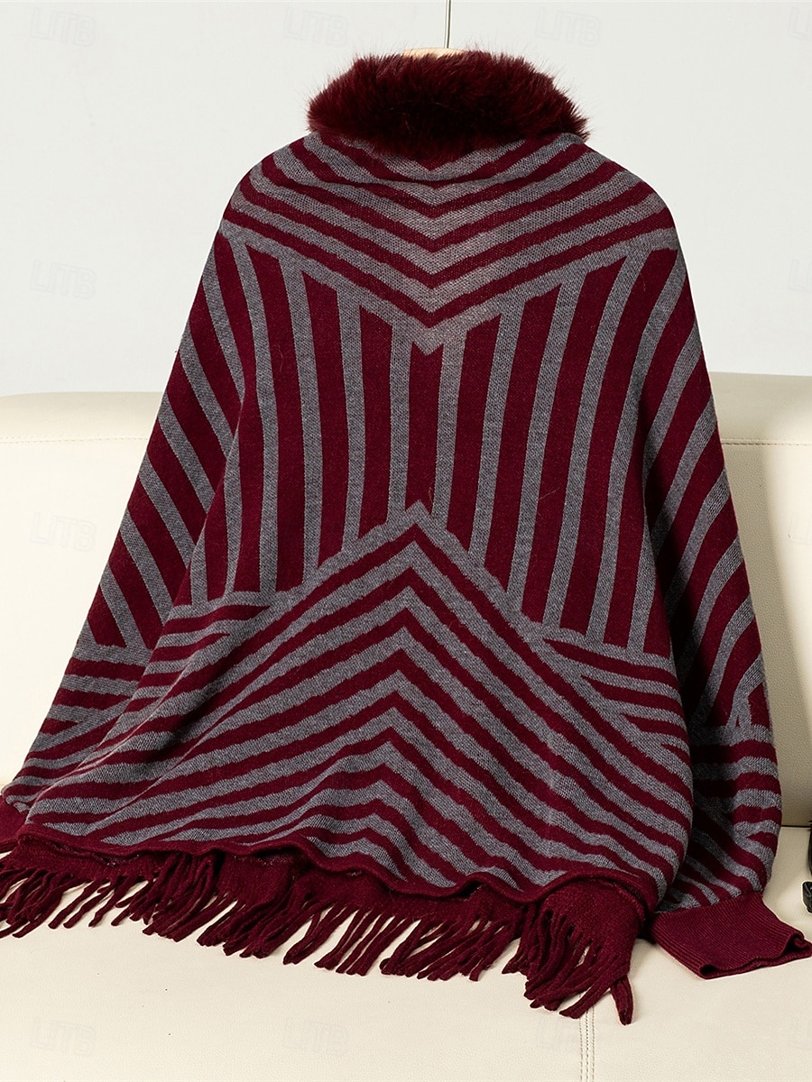 Dame Bolero Fritid Myk Stripet Riflet Crew-hals Strikket Trim i fuskepels Langermet Vanlige topper Strikke utendørs Daglig Helg Vin Aprikos Høst Vinter 2025 - $56.99 –P9