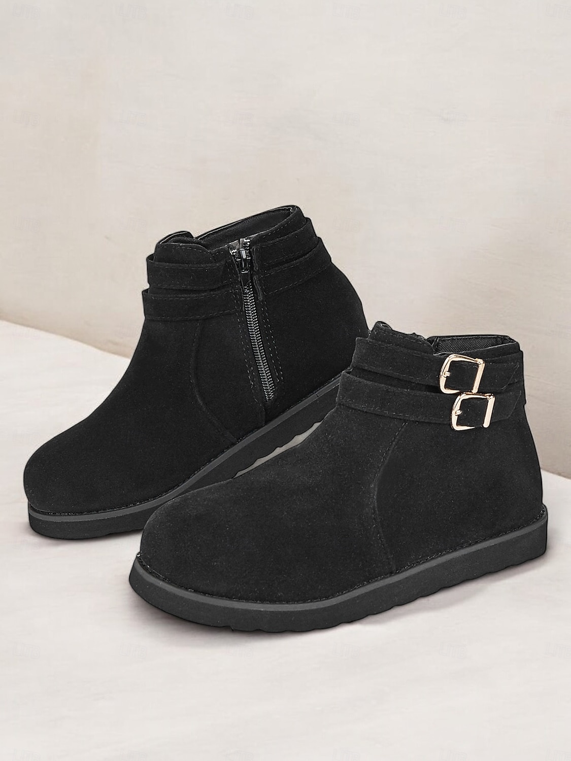 Schwarze Damenstiefeletten aus Wildlederimitat mit Schnalle – lässige, flache Winterstiefel mit Doppelriemen für Komfort im Alltag 2025 - $29.99 –P2