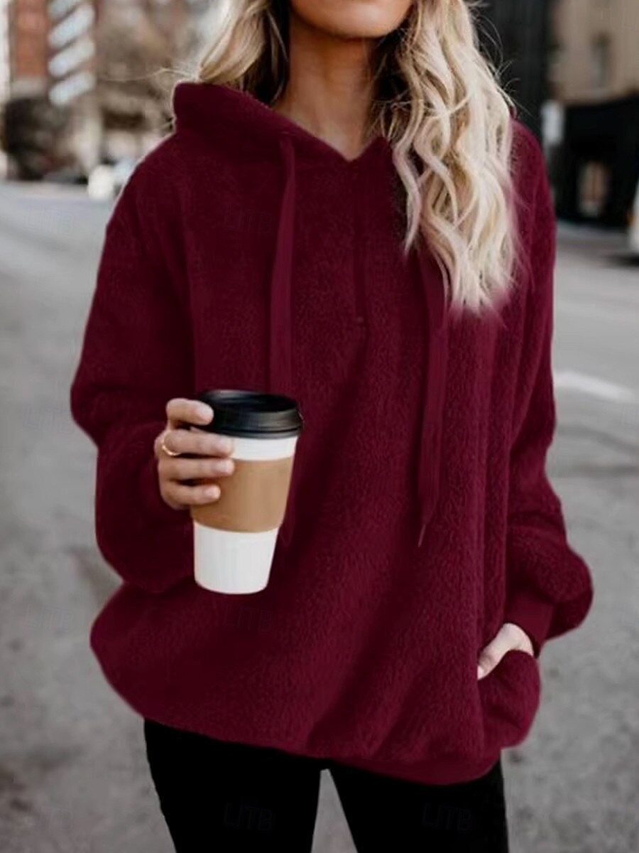 moletom feminino com capuz moletom casual sherpa liso rua diário moletom com zíper bolso manga comprida vinho marrom verde outono inverno de 2025 por $27.99 –P6