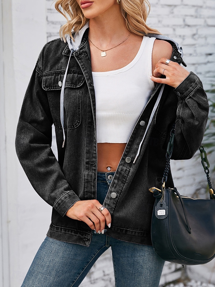 Dam Hoodiejacka Jeansjacka Utomhus Gata Dagliga kläder Höst Vinter Normal Täcka Normal Håller värmen Andningsfunktion Stylish Ledigt Jacka Långärmad Ensfärgat Med fickor Ljusblå Svart Marinblå 2025 - $57.99 –P5