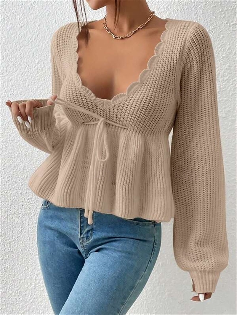 Femme Pull Chandail Pull Décontractées Flexible Couleur monochrome A côtes Col V A Volants Tricoté manche longue Hauts réguliers Tricoter Extérieur du quotidien Fin de semaine Noir Blanche Automne de 2025 ? $44.99 –P7