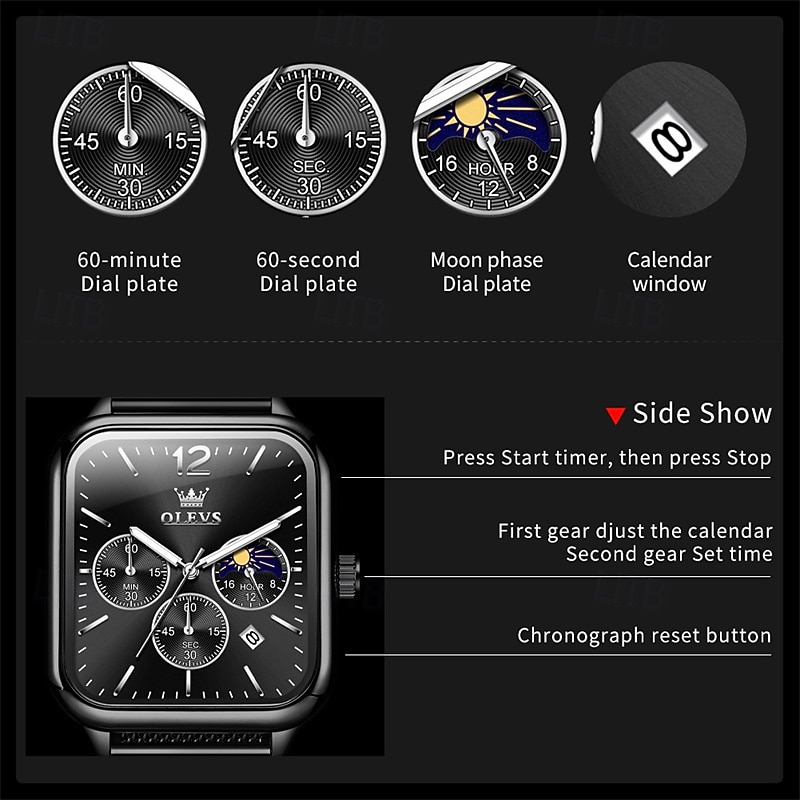 nouvelle marque olevs olevs tendance montres pour hommes cadran carré calendrier lumineux des phases de lune multifonction ceinture en maille à trois yeux montre à quartz à phases de lune de 2025 ? $29.99 –P13