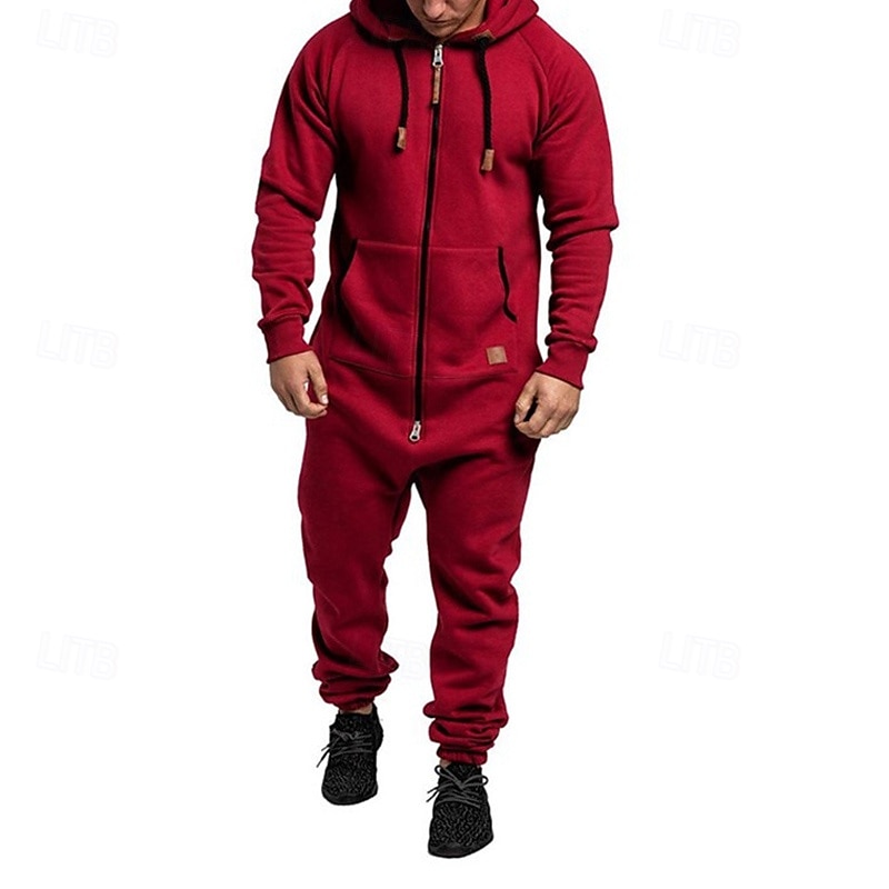 Men's Tracksuit Jumpsuit Full Zip One-piece Casual Fall Long Sleeve Thermal Warm Soft Fitness Gym Workout Running Sportswear Activewear Solid Colored Dark Grey Dark Khaki Black 2025 - $31.99 –P7