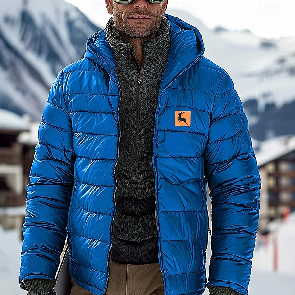 Herre Rådyr Dunjakke Pufferjakke Vanntett Regn-sikker Lettvekt Årgang Fritid Daglig Ferie Ut på byen Trykt mønster Høst Vinter Med hette Langermet Kongeblå 2025 - $58.99 –P1