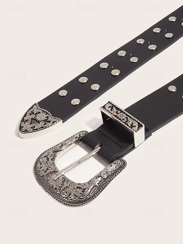 Women's Western Style Belt with Embossed Buckle and Studded Detailing, Faux Leather Adjustable Waist Belt for Casual and Vintage Outfits 2025 - $18.99 –P5