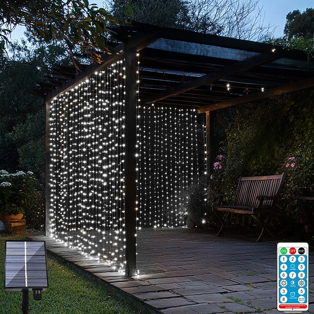 3*3m 300 led φωτιστικό ηλιακής κουρτίνας φωτιστικό εξωτερικού χώρου τηλεχειριστηρίου 8 λειτουργίες φωτισμού νεράιδα φώτα ip65 αδιάβροχα δερμάτινα φώτα νήμα Χριστουγεννιάτικο πάρτι γάμος σπίτι 2025 - $34.99 –P2