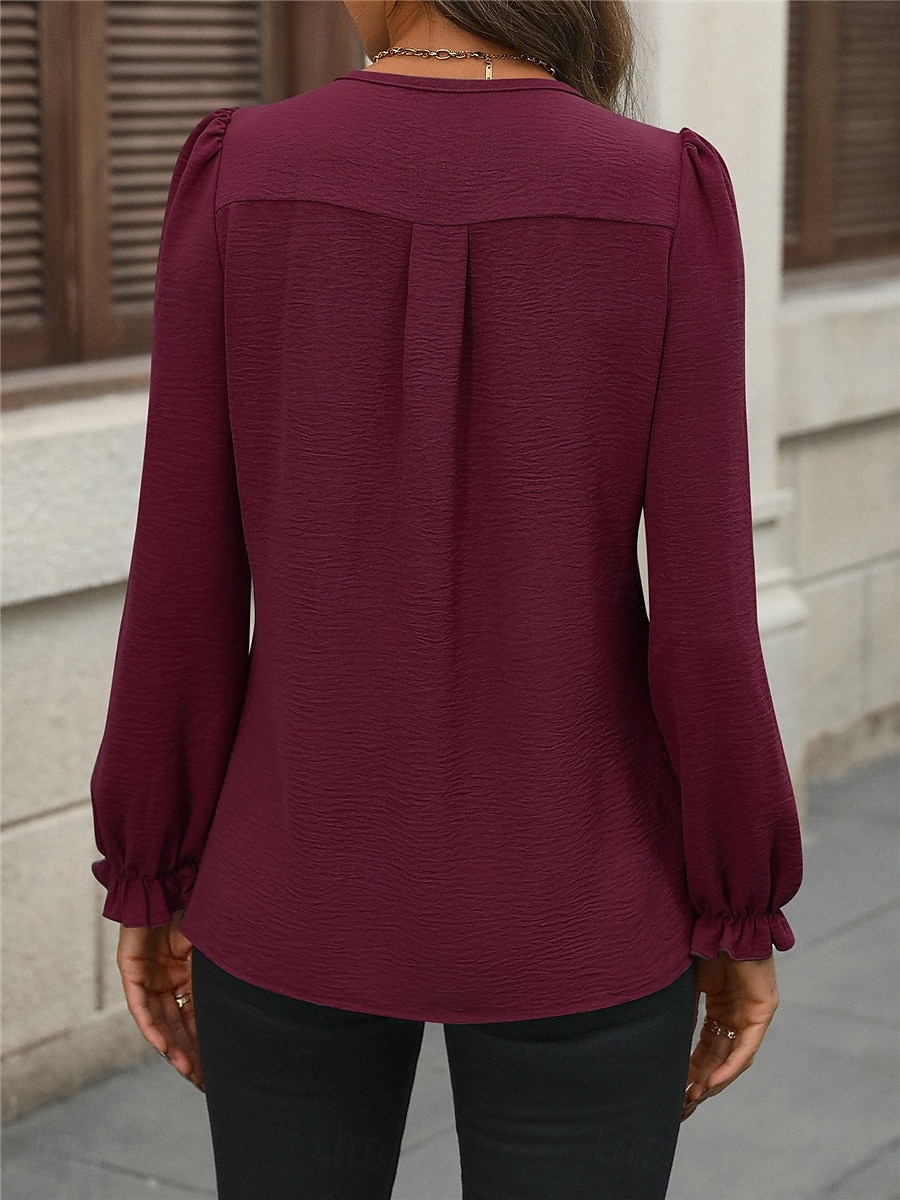 Damen Hemd Bluse Feste Farbe Basic Brautkleider schlicht Langarm Gekerbter Hals Normale Oberteile Täglich Schwarz Wein Herbst Winter 2025 - $29.99 –P2