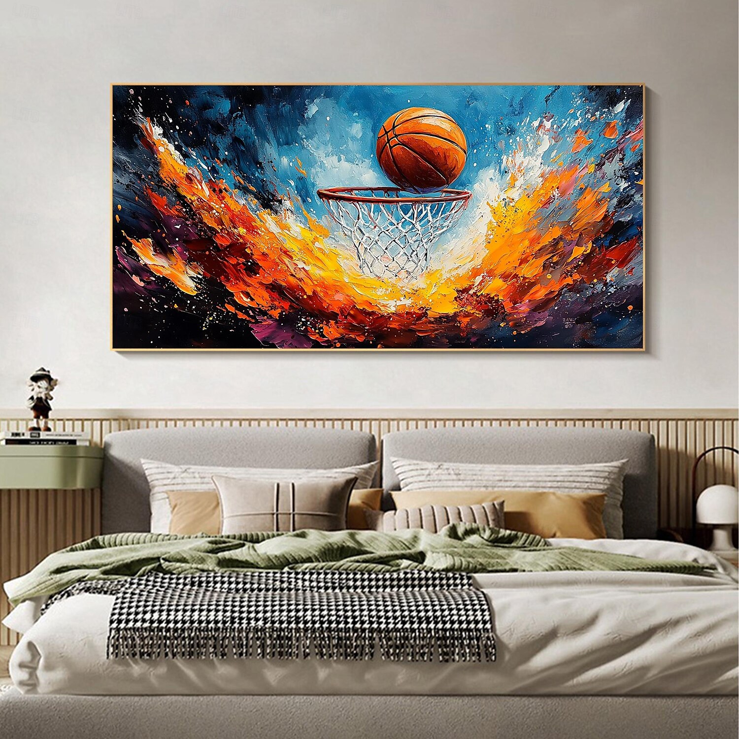 Pictură în ulei originală de sport de baschet realizată manual pe pânză artă de perete abstractă jucător de baschet pentru decorarea casei cu cadru întins/fără pictură cu cadru interior 2025 - $150.99 –P6