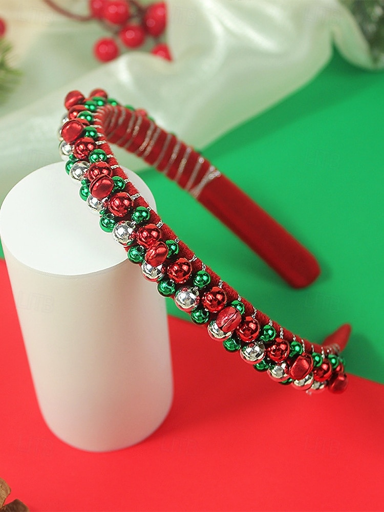 Feestelijke rode kersthoofdband voor dames met rode, groene en zilveren kralen - haaraccessoire voor de feestdagen en vieringen 2026 - $7.99 –P4