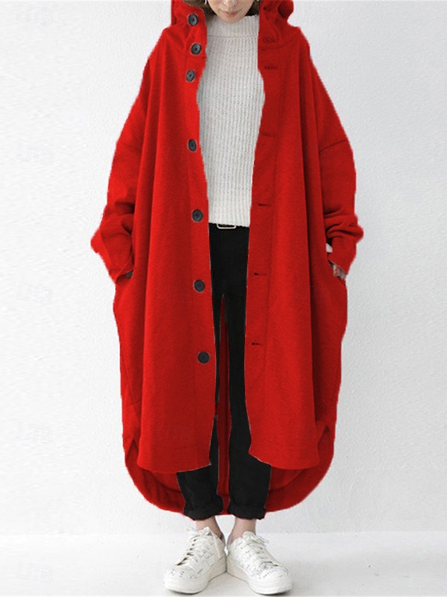 Veste à capuche Femme Extérieur Plein Air Usage quotidien mode Décontractées Avec poches Maxi Manteau Noir Rouge Abricot Automne Hiver Boutonnage Simple Sweat à capuche Standard S M L XL 2XL de 2025 ? $41.99 –P7