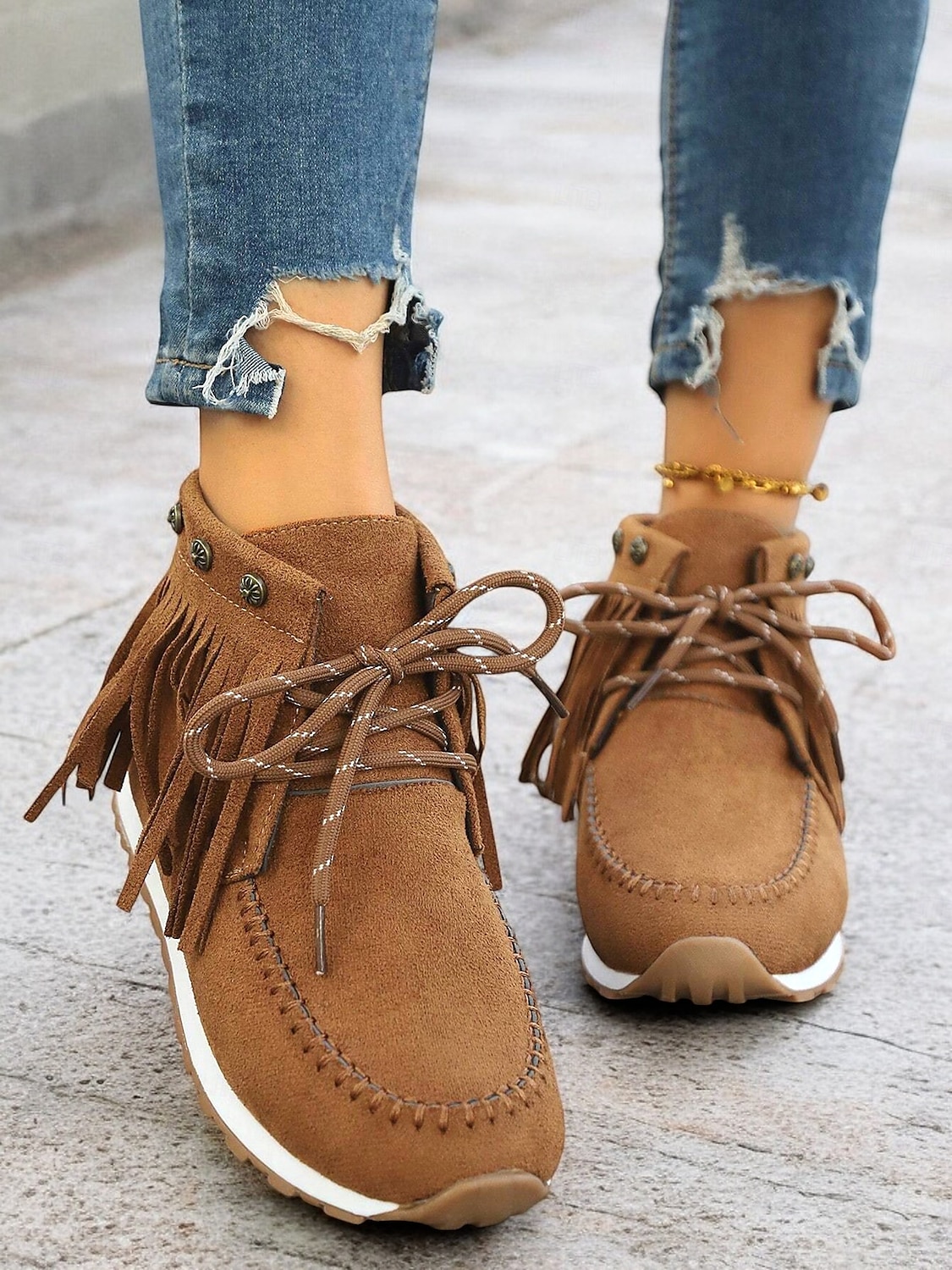 Damen-Mokassin-Stiefel aus Wildleder mit Fransen und Schnürung – Stiefeletten im Boho-Stil für die Freizeit und Festivals 2025 - $34.99 –P2