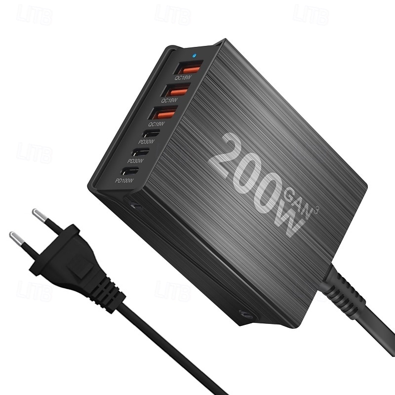 200w stație de încărcare gan 6 porturi încărcător usb c încărcare rapidă qc pd 3.0 tip c încărcător rapid usb pentru iphone 15 14 13 12 pro macbook 2025 - $63.99 –P1