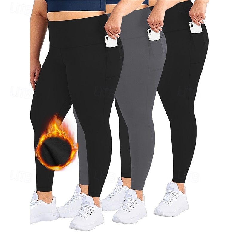 Dam Yogabyxor Fleecefodrade Leggings Yoga leggings med telefonficka Hög midja Pilates Gymträning Träna Trikåer Ensfärgat Mörkgrå Svart Vinröd Elastan Skinna Höst Vinter Plusstorlekar sporter 2026 - $16.49 –P1