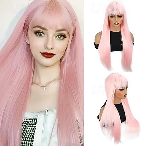 parrucca lunga e dritta con frangia parrucca sintetica in fibra di capelli naturali per donne e ragazze perfetta per feste di Natale e cosplay del 2025 a $19.99 –P3