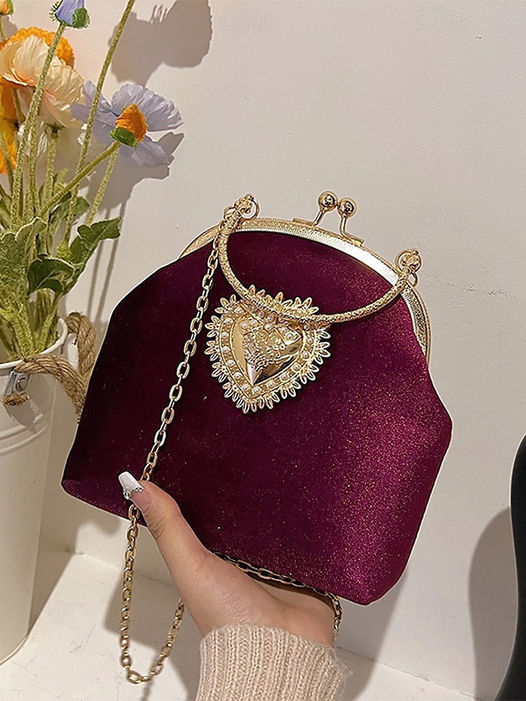 dámská vintage sametová kabelka se zlatým zdobením srdce a řetízkovým popruhem, elegantní večerní kabelka na formální události a večírky 2025 - $26.99 –P7
