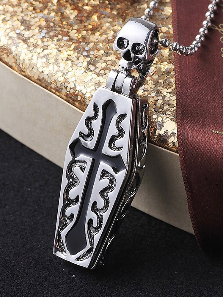 Gothic-Halskette mit Totenkopf- und Sargkreuz-Anhänger – Edelstahl-Amulett im Vintage-Stil für Männer 2025 - $8.99 –P1