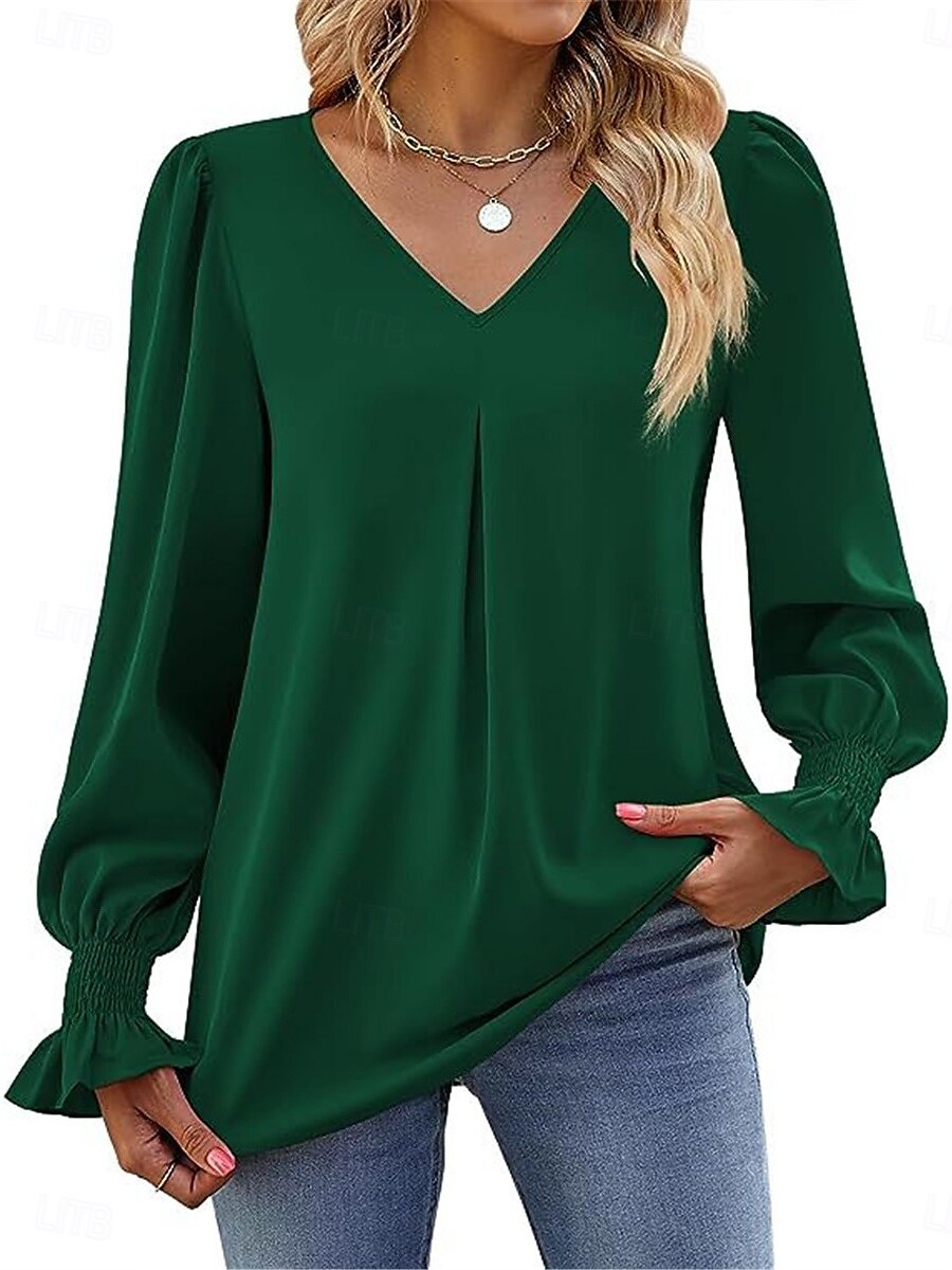 Damen Hemd Glatt Modisch Modern Brautkleider schlicht Langarm V Ausschnitt Normale Oberteile Täglich Wochenende Rüsche Rote Grün Khaki Herbst Winter 2025 - $26.99 –P4