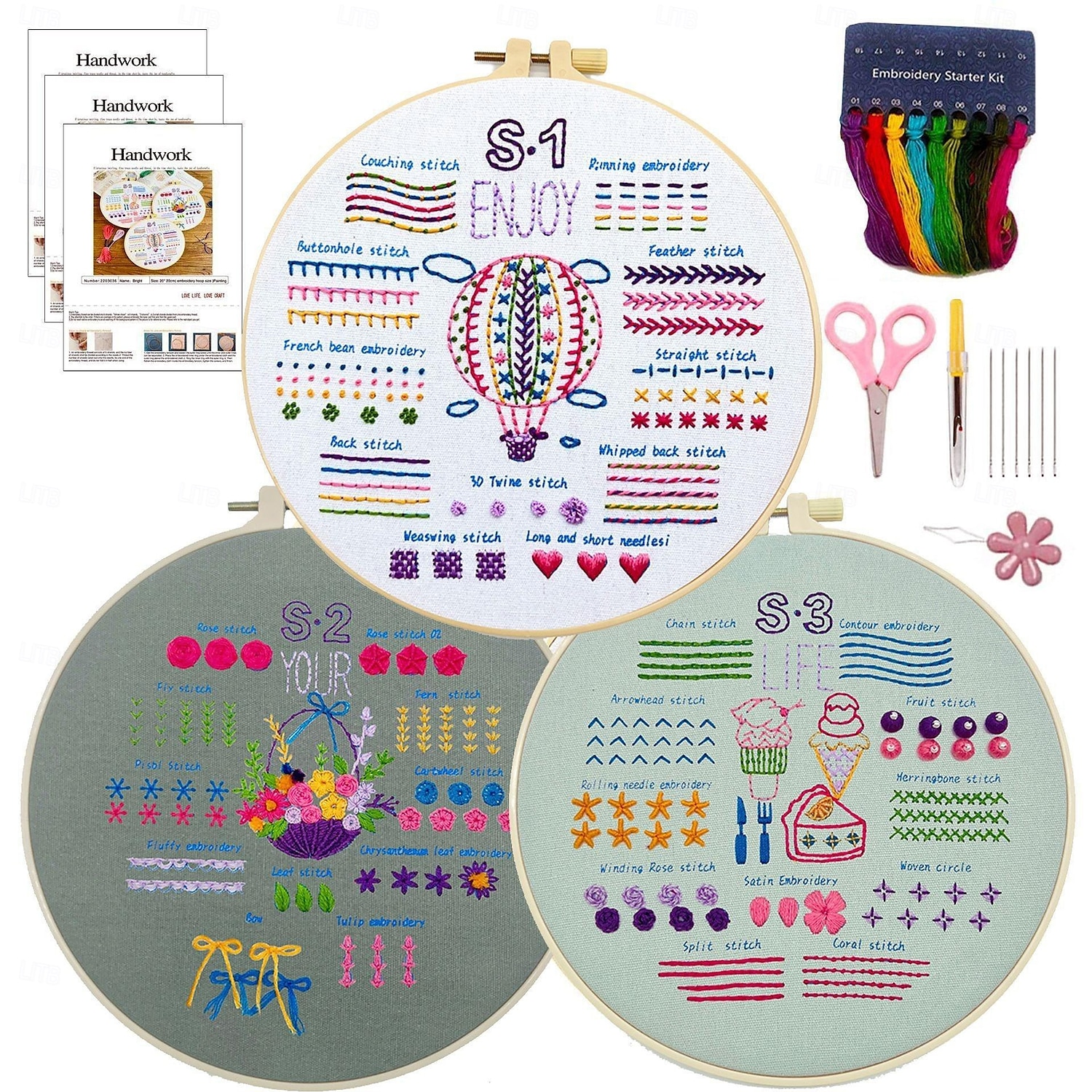 Kit de broderie 3 ensembles pour adultes débutants apprenez 33 points différents kits de bricolage comprenant un cerceau à motifs de fleurs estampées fils de couleur outils faciles à suivre de 2025 ? $24.99 –P4