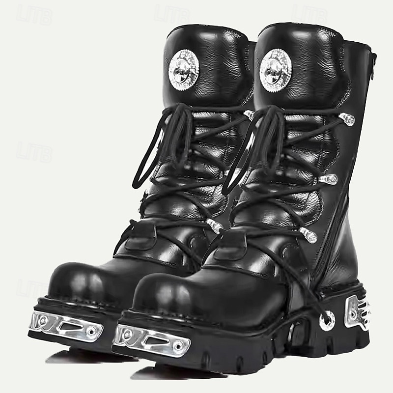 Men's Black Gothic Steampunk Combat Boots with Skull Buckle Accents - Premium Cowhide Leather for Cosplay and Biker Style 2026 - $179.99 –P5