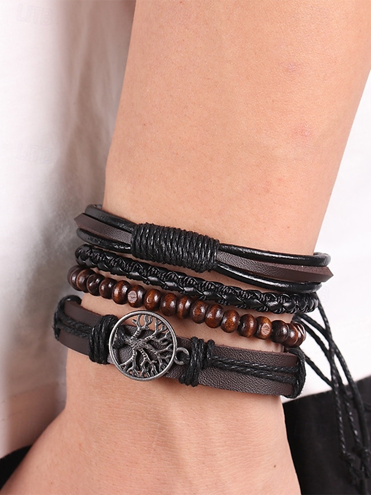 Men's Leather Beaded Bracelet Set with Tree of Life Charm – Vintage Layered Wristband Jewelry 2025 - $11.99 –P1