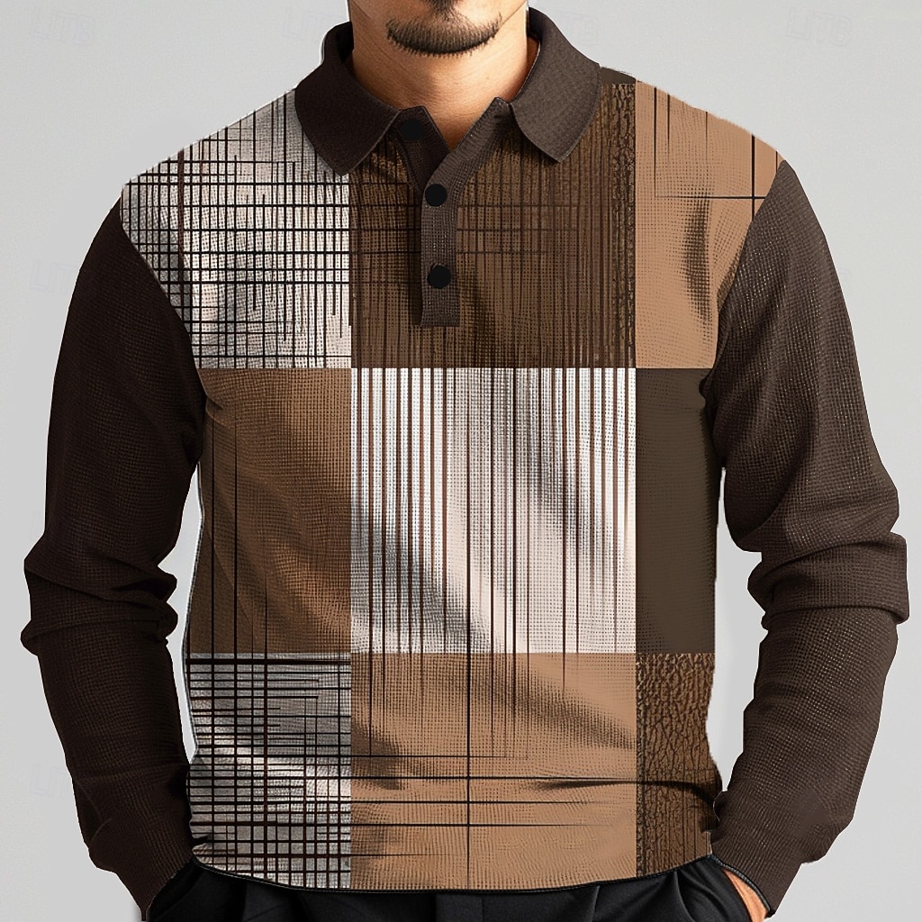 Voor heren Ruitjes Wafel Poloshirts Golfshirt Lange mouw Poloshirt Overhemden met kraag Vintage Casual Vakantiekleding Formele kleding Festivalkleding Knop 3D-afdrukken Lente Herfst Winter Bruin 2026 - $25.99 –P1