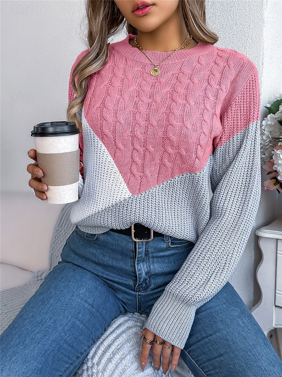 Dame Genser Pullover genser Fritid Myk Fargeblokk Riflet Crew-hals Lapper Strikket Langermet Vanlige topper Strikke utendørs Daglig Helg Svart Rosa Høst Vinter 2025 - $29.99 –P7