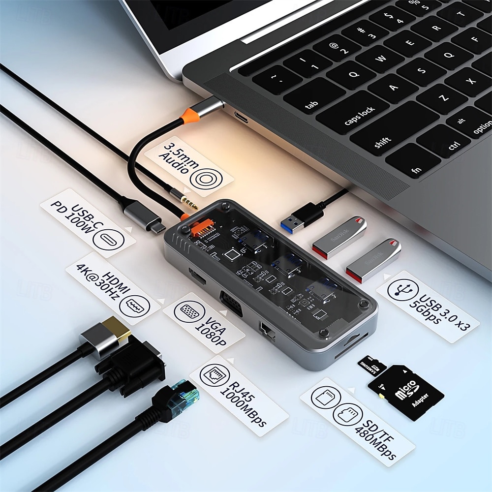 8/10 in 1 USB C HUB 4K30Hz Dock Station Type C to HDMI-Compatible RJ45 Ethernet PD100W for PC 2025 - $38.99 –P5