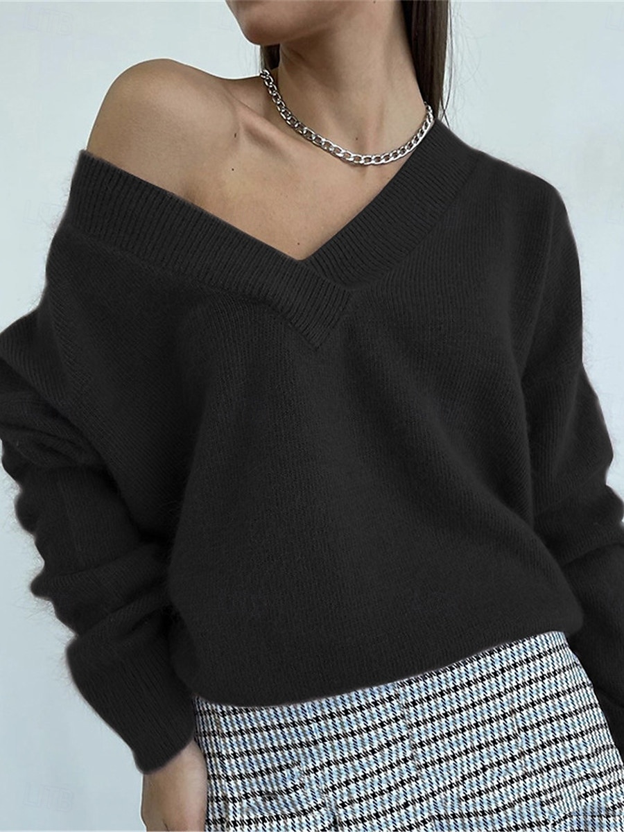 Femmes Pull Occasionnel Doux Couleur Unie Côtelé Col en V Tricoté manche longue Hauts Réguliers Tricoter Extérieur Quotidien Week-end Noir Orange Automne Hiver de 2025 ? $31.99 –P2
