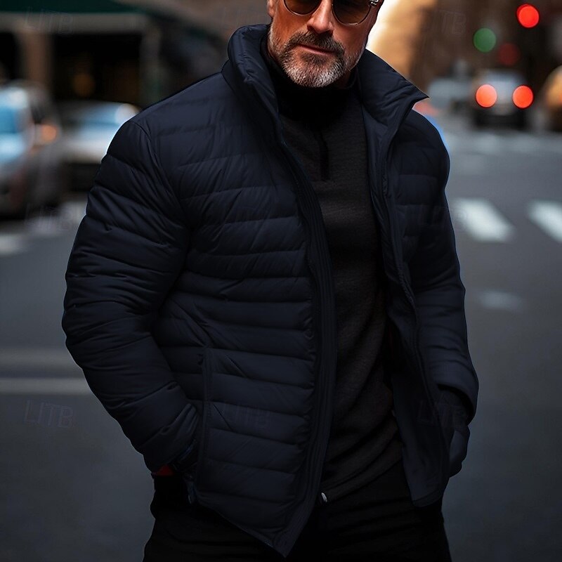 Men's Winter Coat Puffer Jacket Quilted Jacket Transition Jacket Pocket Cotton Pocket Vacation Daily Wear Date Regular Fashion Casual Comfortable Thermal Warm Fall & Winter Solid / Plain Color Black 2025 - $30.99 –P1