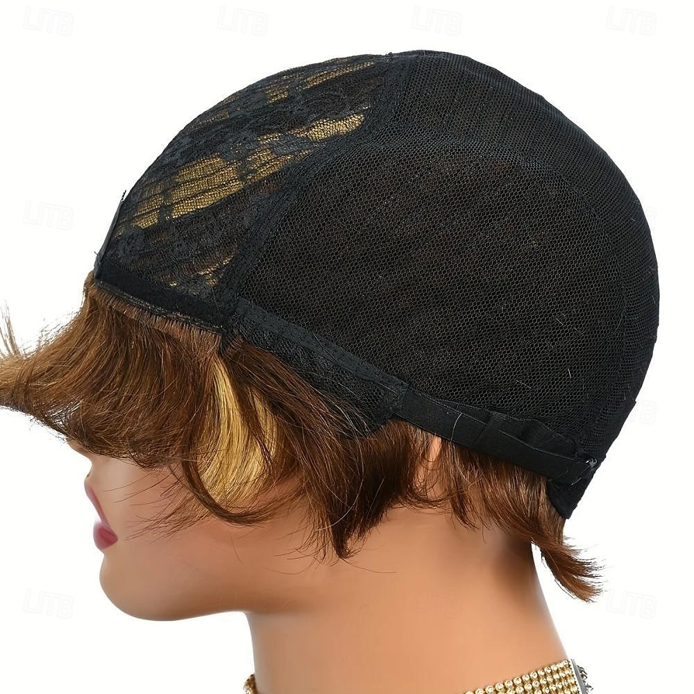 perruque coupe lutin avec frange courte droite couleur mixte remy cheveux humains brésiliens sans colle perruque entièrement fabriquée à la machine de 2025 ? $50.99 –P4