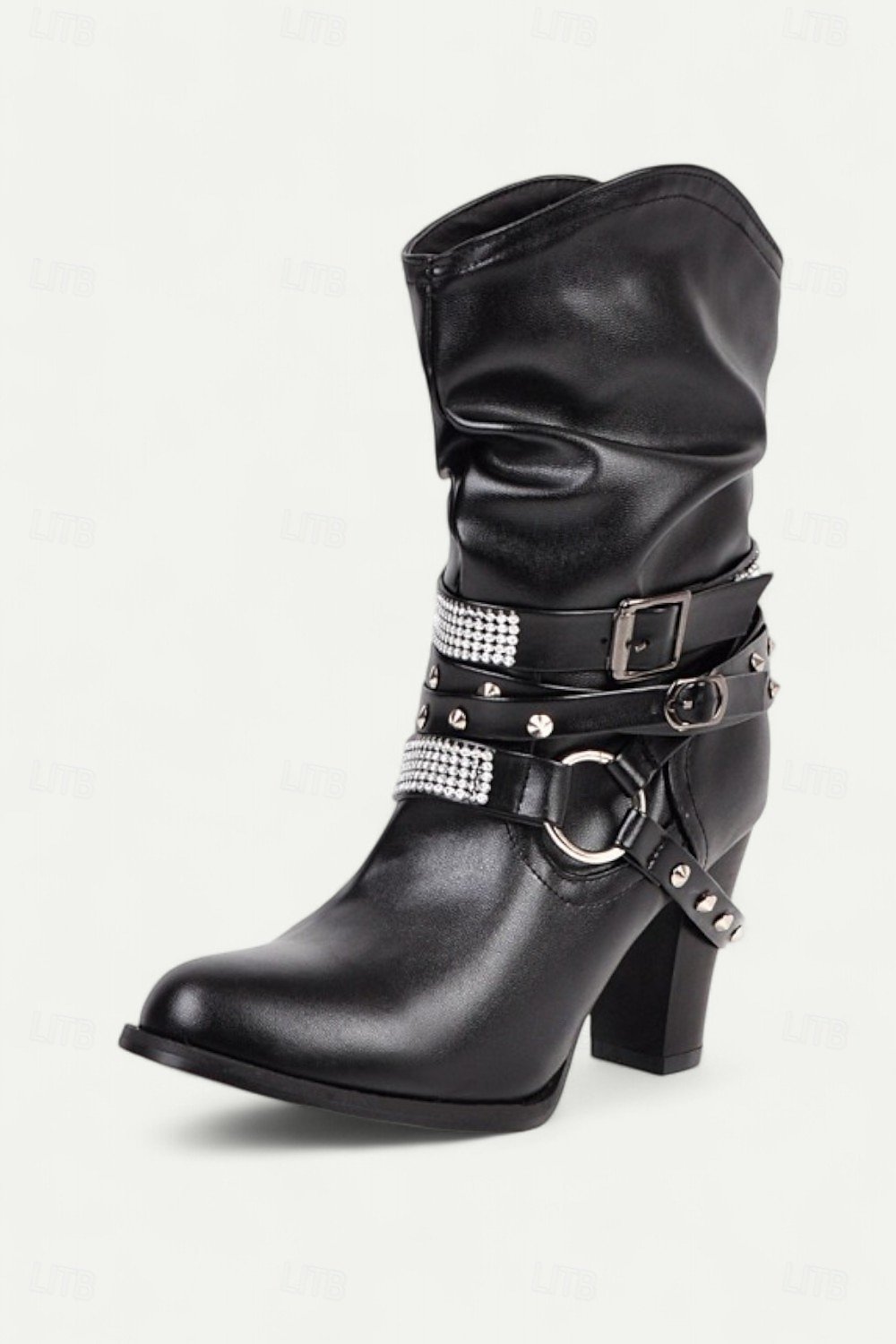 braune, lässige Stiefel mit halbhoher Sohle und Nietenriemen sowie Strassverzierungen für Damen – High Heel im Westernstil für Partys und die Freizeit 2025 - $64.99 –P1