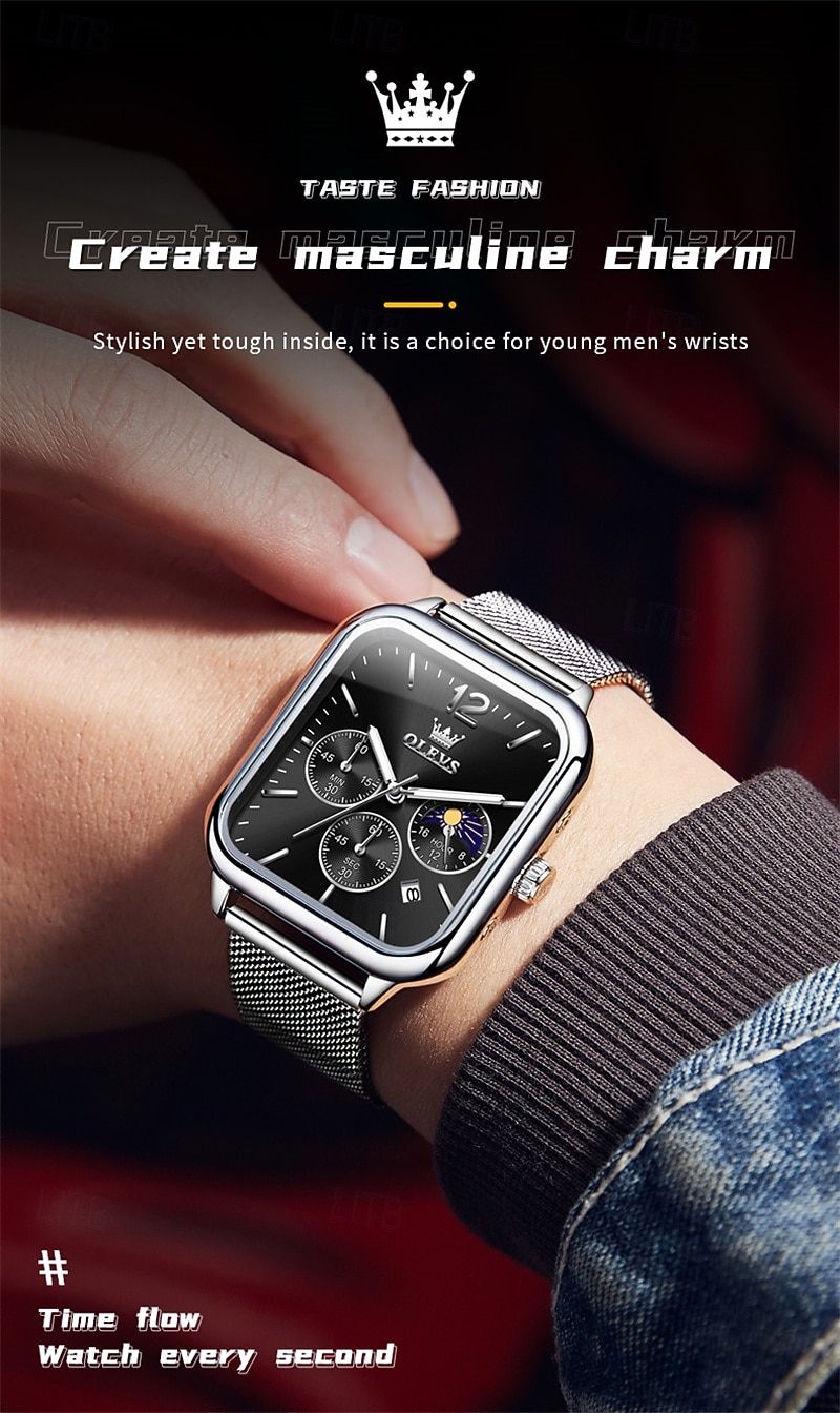 nouvelle marque olevs olevs tendance montres pour hommes cadran carré calendrier lumineux des phases de lune multifonction ceinture en maille à trois yeux montre à quartz à phases de lune de 2025 ? $29.99 –P16