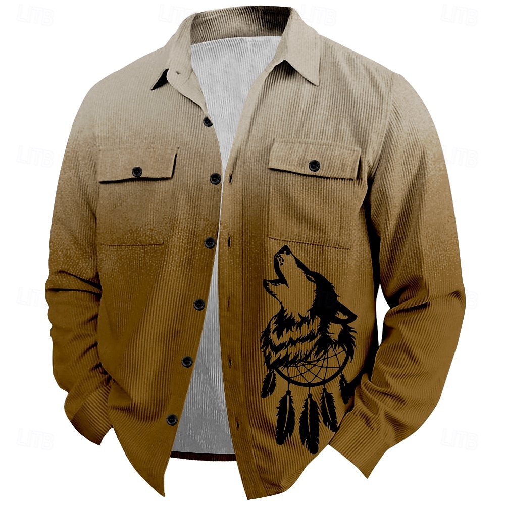 Christmas Men's Wolf Corduroy Shirt Shirt Jacket Overshirt Long Sleeve Vintage Tribal Outdoor Dailywear Fall & Winter Turndown Collared Shirts Buttons 3D Print 2 Pockets 1pc Black Grey Army Green Red 2025 - $37.99 –P7