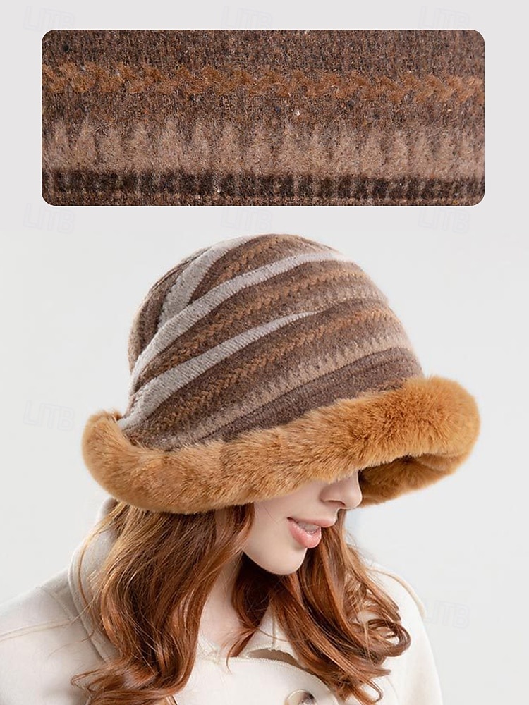 Women's Cozy Faux Fur Winter Hat – Vintage Striped Knit Bucket Hat with Warm Plush Lining 2025 - $14.99 –P4