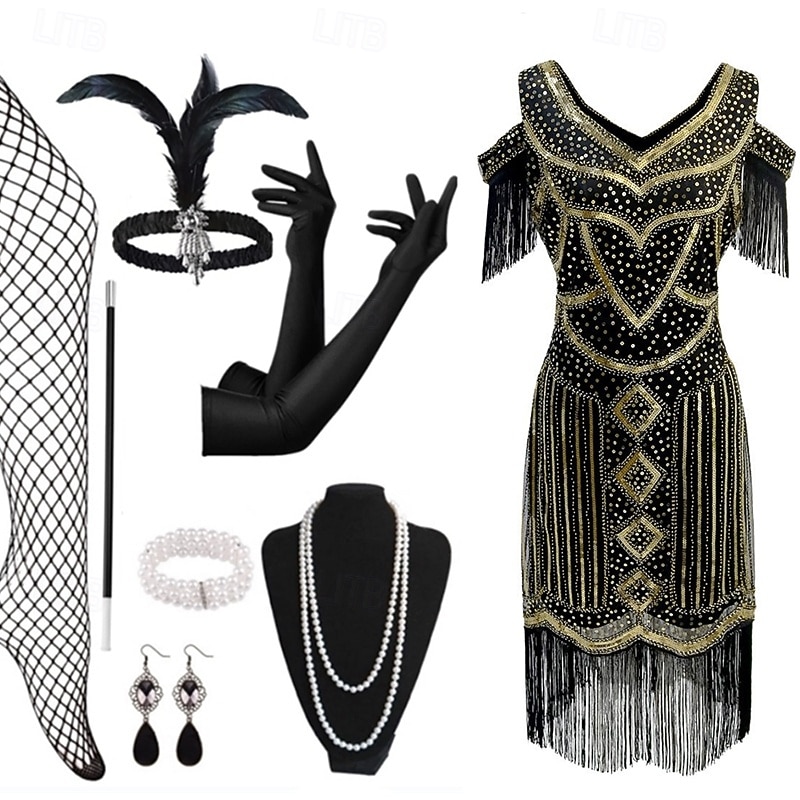 Conjunto Rugido 20s 1920s Hasta la Rodilla Vestido Flapper Accesorios Vestido de fiesta de graduación con accesorios Hombro frío El gran Gatsby Invitado a la boda Lentejuelas Borlas Pluma Escote en 2026 - $54.99 –P3