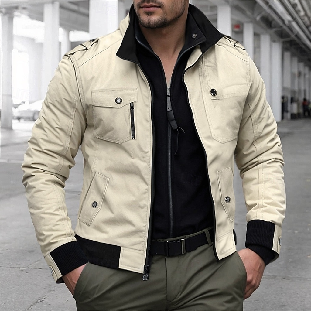 Men's Trucker Jacket Bomber Jacket Casual Jacket Work Jacket Outdoor Daily Wear Wearable Pocket Spring &  Fall Plain Fashion Streetwear Standing Collar Short Black Burgundy Navy Blue Khaki Army Green 2026 - $42.99 –P5
