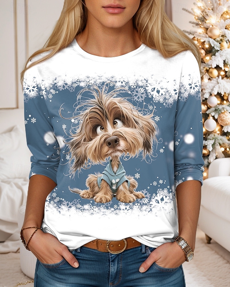 t-shirt femme mode moderne décontracté imprimé manches longues hauts réguliers col rond quotidien week-end bleu automne hiver de 2025 ? $23.99 –P1
