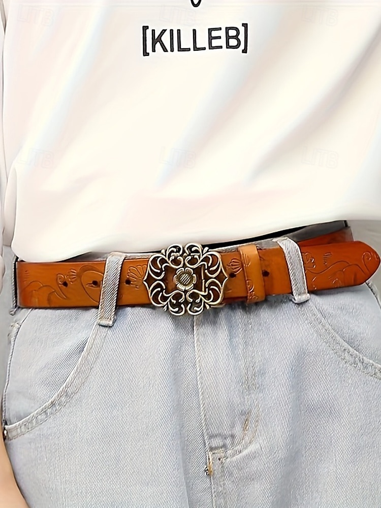 rode leren damesriem met vintage bloemengesp – accessoire in westerse boho-stijl 2025 - $19.99 –P1