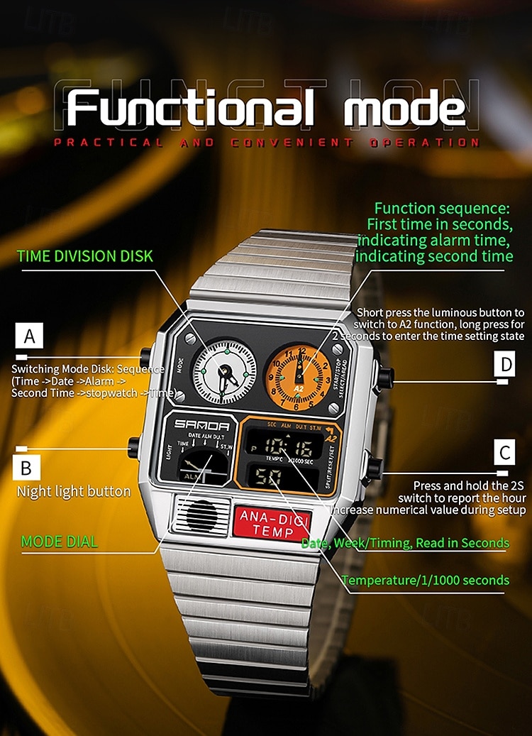 SANDA Men Digital Watch Sports Fashion Casual Business Minute Repeater Stopwatch Alarm Clock Waterproof Steel Watch 2026 - $48.99 –P10