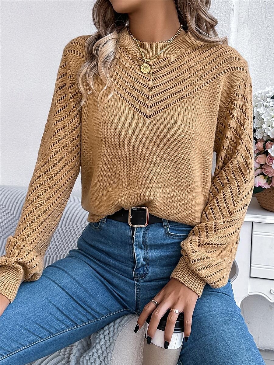 Per donna Felpa Pullover Maglione Informale Morbido Colore puro A coste Girocollo Traforato Lavorato a maglia Manica lunga Top regolari Maglia Esterno Giornaliero Fine settimana Bianco Arancione del 2025 a $45.99 –P18