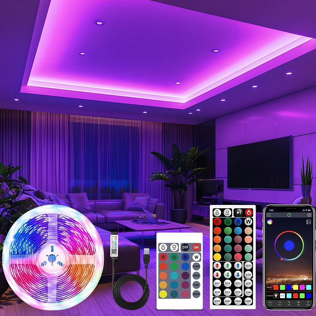 Bande lumineuse LED étanche avec télécommande, bandes lumineuses USB RVB multicolores, synchronisation de la musique Bluetooth, changement de couleur pour le rétroéclairage du téléviseur, la chambre, la cuisine, la fête et la décoration extérieure de 2025 ? $12.99 -P5