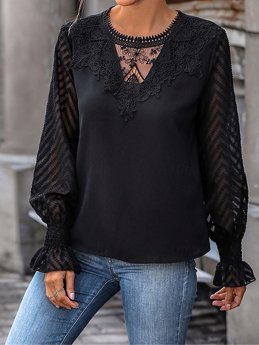 Women's Elegant Lace Tops Eyelet Blouse Casual Solid Color Regular Tops Long Sleeve Crew Neck Lace Patchwork Regular Fit Daily Black Romantic Petite Tops Summer Holiday Wear 2025 - $32.99 –P1