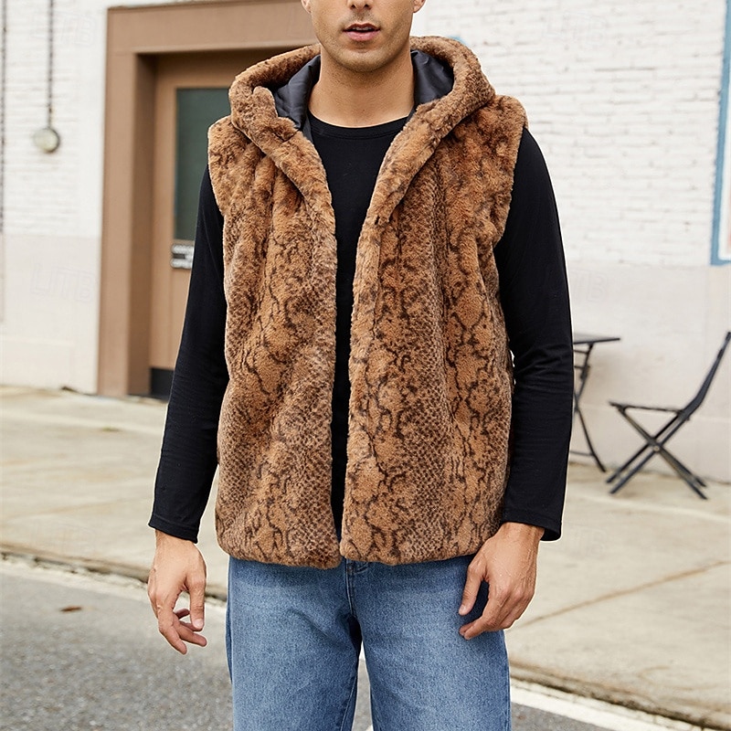 Men's Vest Faux Fur Gilet Daily Date Vacation Fashion Casual Fall & Winter Keep Warm Polyester Comfortable Leopard Print Cardigan Stand Collar Regular Fit White Yellow Brown Vest 2026 - $41.99 –P13