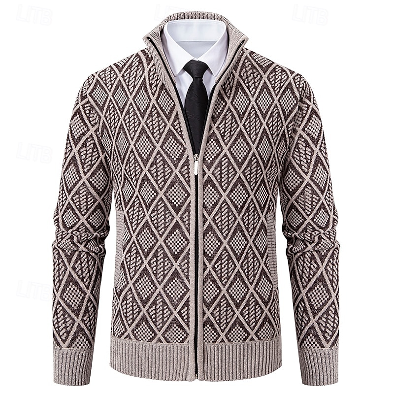 Herren Strickjacke Zip Pullover Reißverschluss Grobstricken Stricken Standard Zip Tasche Geometrisch Stehkragen Strickware Elegant Heim Arbeit Bekleidung Bischof Frühling Herbst Schwarz Marineblau M 2025 - $34.99 –P6