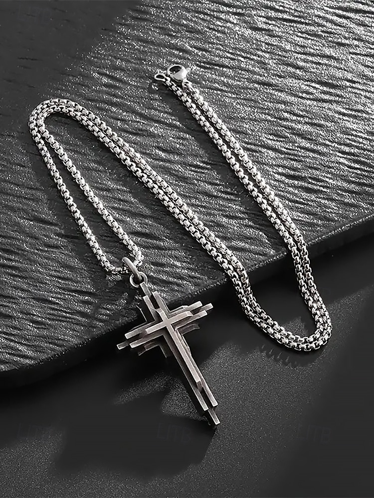 collana con ciondolo a croce a strati in acciaio inossidabile da uomo - gioielli religiosi in stile gotico per abbigliamento casual e formale del 2025 a $11.99 –P3