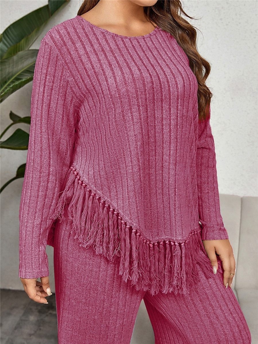 Femme Grande taille Hauts T shirt Tee Ensemble Couleur unie Franges manche longue Col Ras du Cou Décontractées du quotidien Polyester Automne Hiver Fuchsia Vert de 2025 ? $47.99 –P12