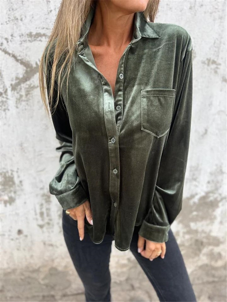Dames Overhemd Blouse Effen Kleur Basic Casual Lange mouw Overhemdkraag Normale tops Dagelijks Knop Fuchsia Bruin Groen Herfst Winter 2025 - $32.99 –P7