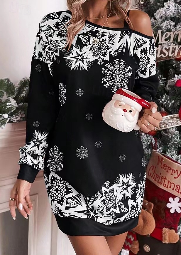 Flocon de Neige Robe Sweat à capuche Femme Noël Nouvel an la veille de Noël Le style mignon Epaules Dénudées Adultes Soirée Noël Robe de 2025 ? $23.99 –P8