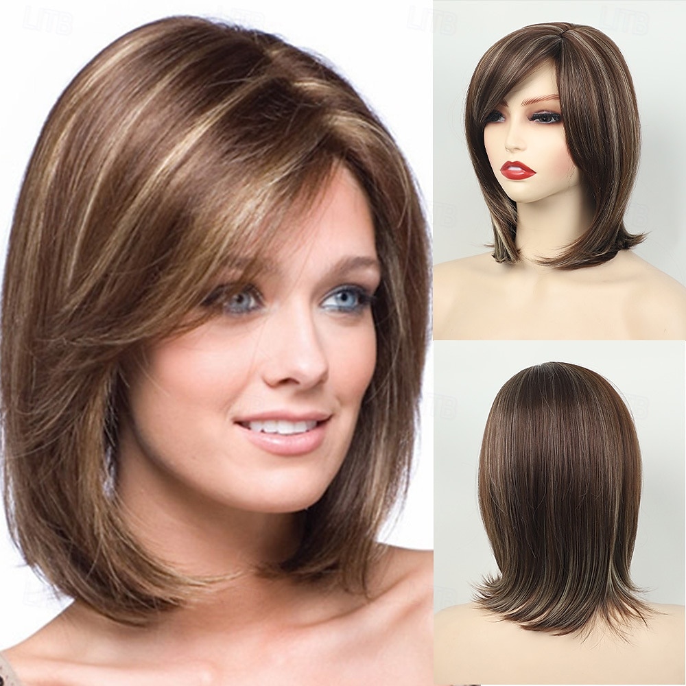 Shoulder Length Dark Brown Straight Bob Wigs Synthetic Medium Length Bob Hair Wig Halloween Costume Wigs for Women 2025 - $24.99 –P1